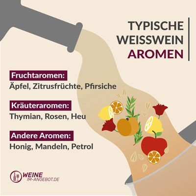 Zu typischen Weißweinaromen zählen Frucht-, Kräuter- und andere Aromen.