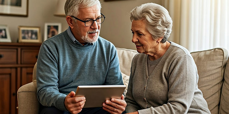 Senioren-Paar sitzt mit Tablet in der Hand auf einem Sofa