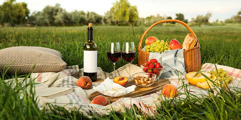 Leckeres Picknick im Grünen mit einer Flasche Rotwein