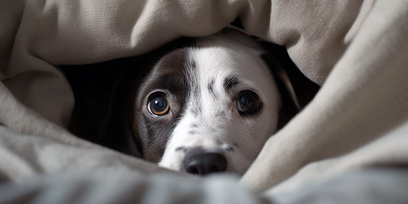 Hund versteckt sich unter Bettdecke