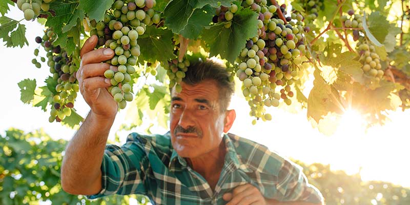 Mann erntet Weintrauben bei Sonnenschein