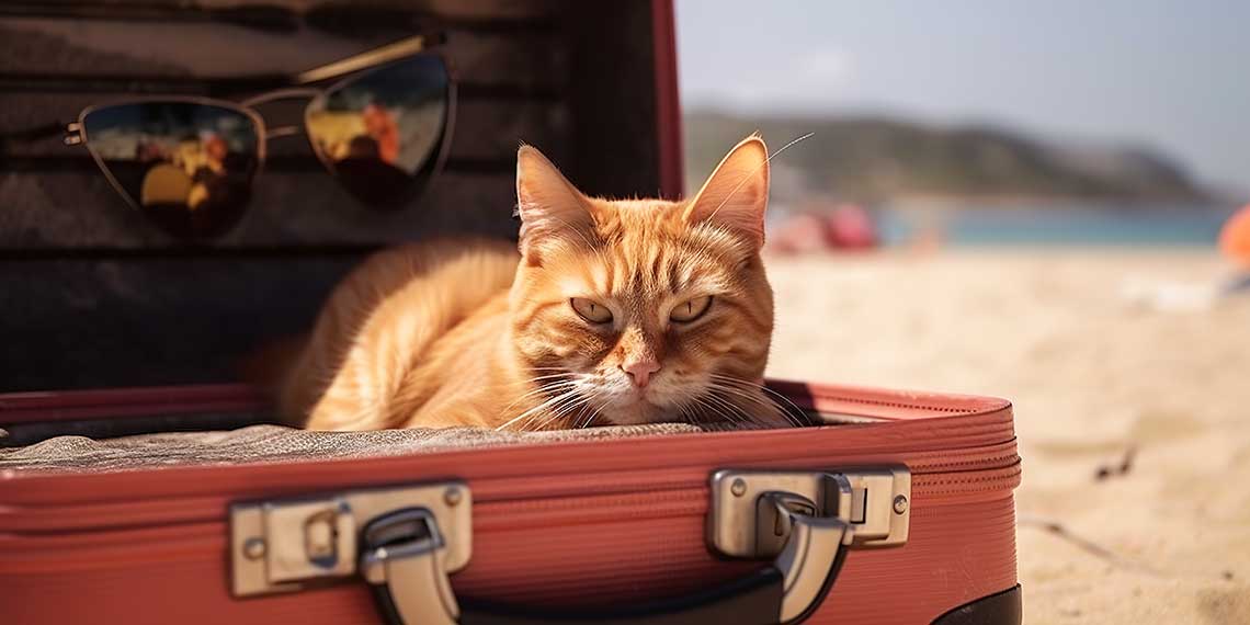 Katze sitzt im Koffer am Strand